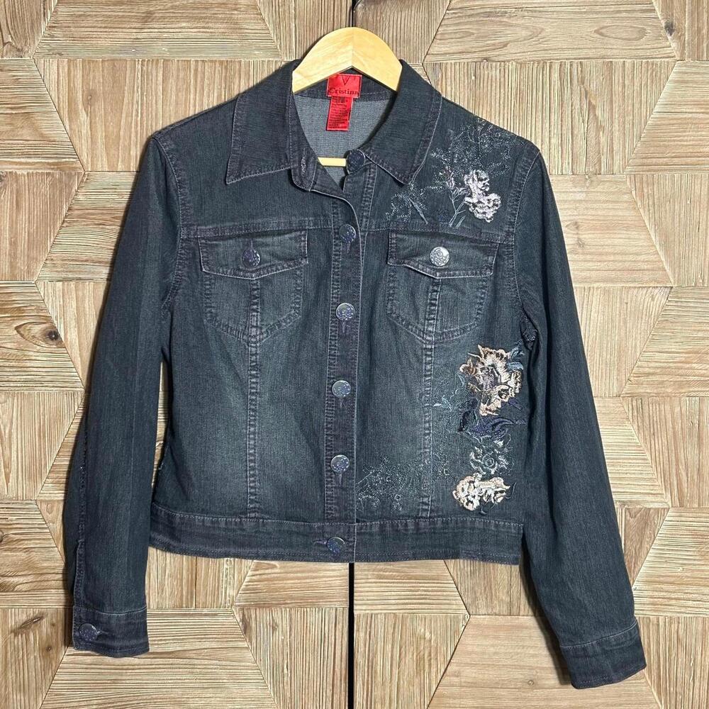 V Cristina Womens Floral Embroidered Denim Jacket Size PM Western